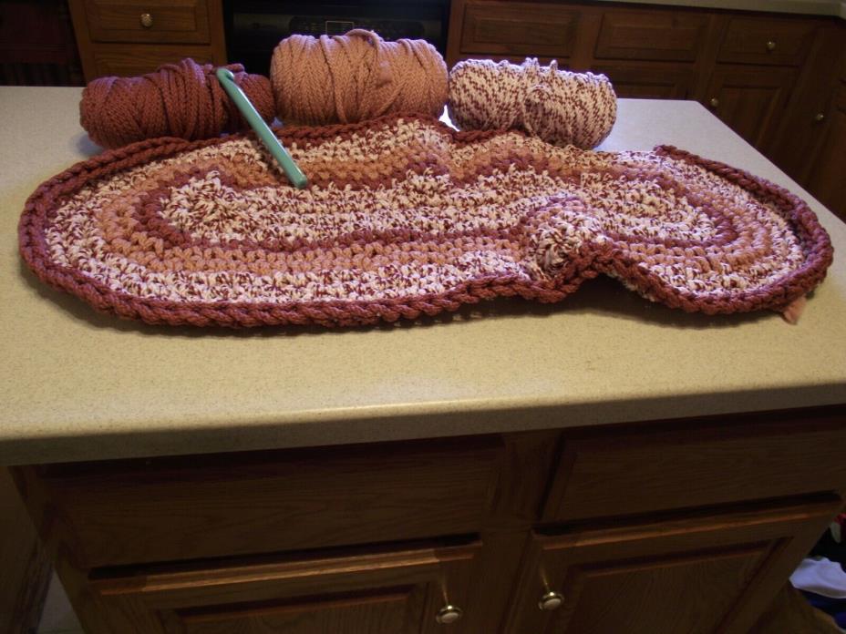 VTG Oval Hand Made Crochet Rag Rug Pink Colors 14