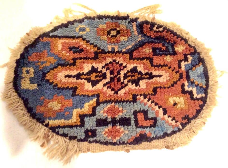 Oval Hooked Rug Mat Wool Oriental Design, Vintage