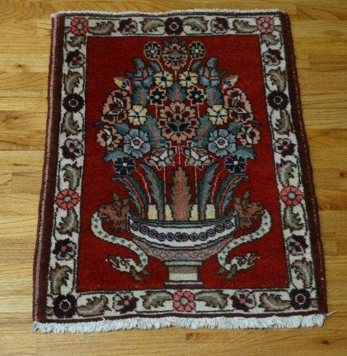 Vintage Tabriz Persian Handmade Rug Mat Wall Hanging Vase with Flowers on Red