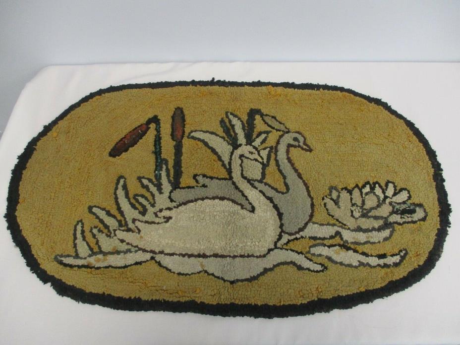 ANTIQUE HAND HOOKED SMALL OVAL AREA RUG with SWANS 19