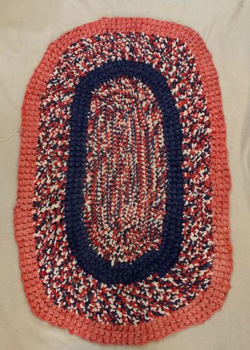 Vintage Primitive Farmhouse Handmade Oval Cotton Rag Rug Primitive Red/Navy #1