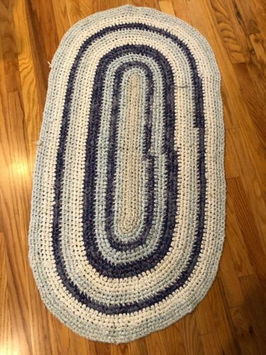 Vtg Hand Made Old Fashion Crocheted  Braided Rag Rug Oval Blues 31