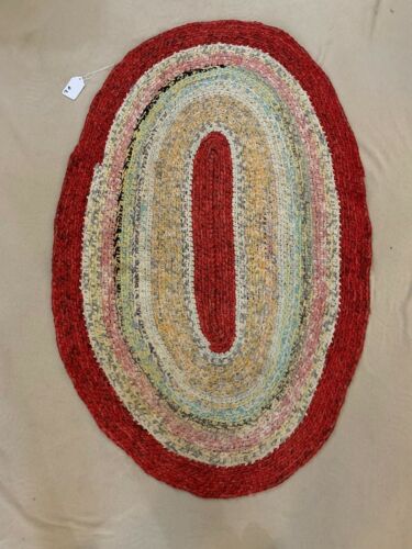 Vintage Primitive Farmhouse Handmade Oval Cotton Rag Rug Primitive Red/Pastel #2