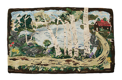 Antique Hand Hooked Rug, Exceptional, Landscape with House 34
