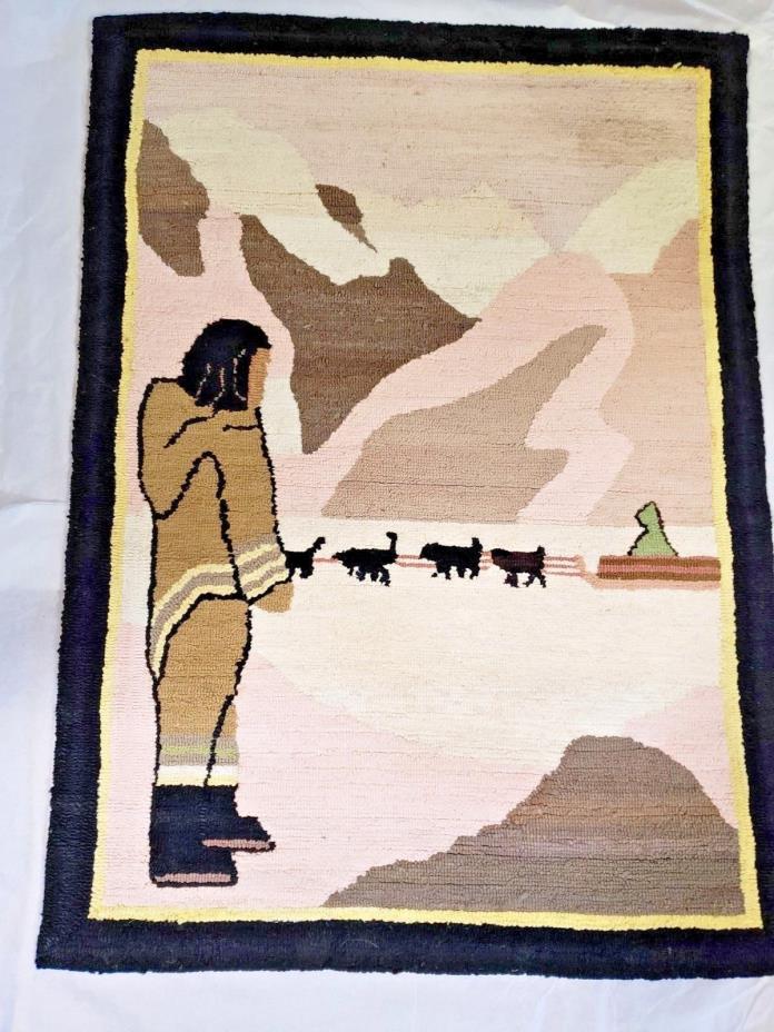 Grenfell Hooked Mat Rug Newfoundland Labrador Folk Art Innu Hunter Dog Sled