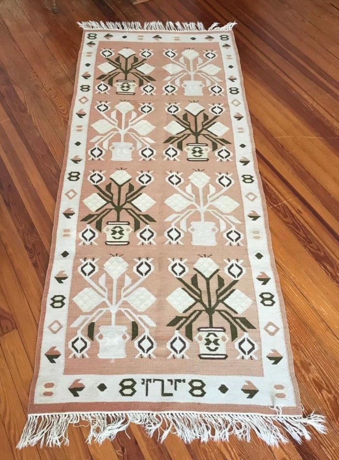 Wool Kilim Flatweave Rug Poppy Flower Pot Design Blush Olive Ivory Taupe 31x72