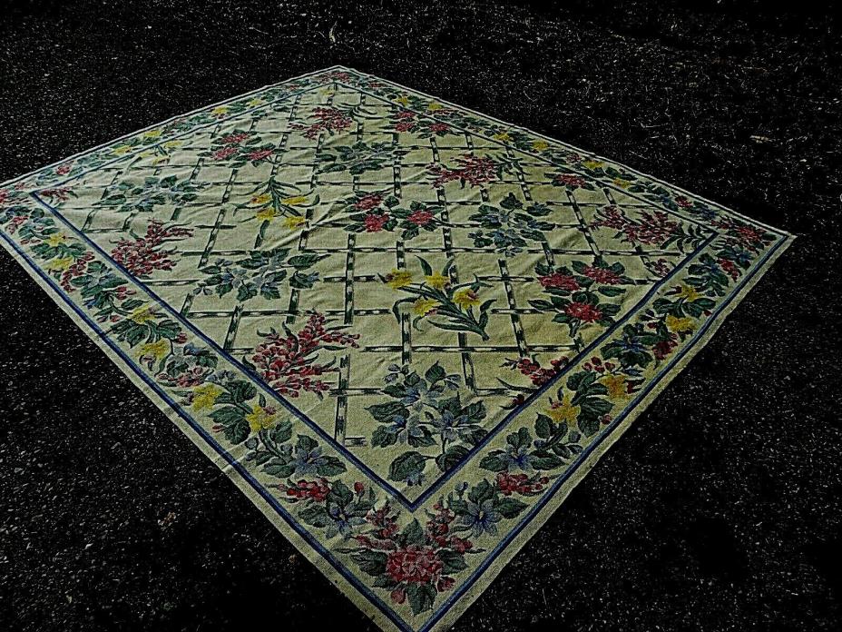 VINTAGE NEEDLEPOINT RUG /AUBUSSON SPRING WILDFLOWERS/THINK SPRING~ 8'X10' HAND