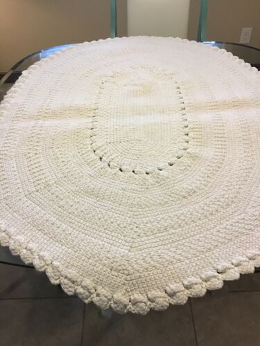 Vintage Crocheted Rug White Clean Very Heavy Handmade Quality 53” X 40”