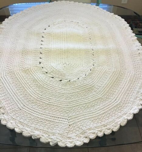 Vintage Crocheted Rug White Clean Very Heavy Handmade Quality 48” X 35”