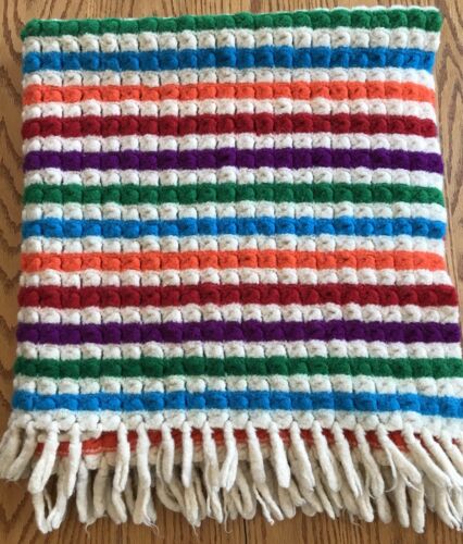 Vintage Handmade Throw Small Rug Wool Multi Color Striped Fringe 36” X 39”