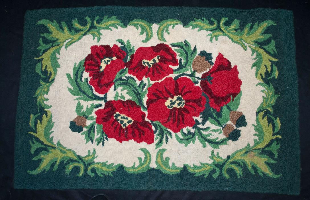 Vintage Hooked Wool Rug Multicolored Flowers 38-1/2