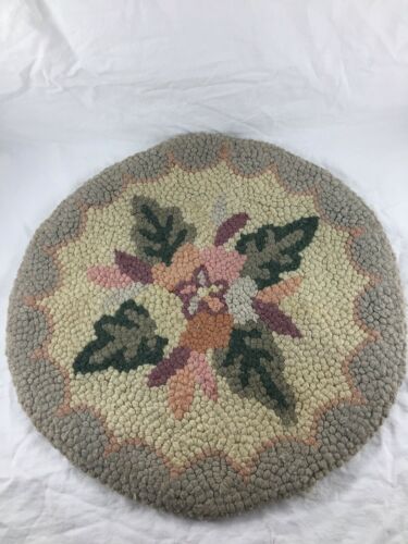 Vintage Hand Made Hooked Rug Seat Chair Pad Cushion Floral 14 1/2