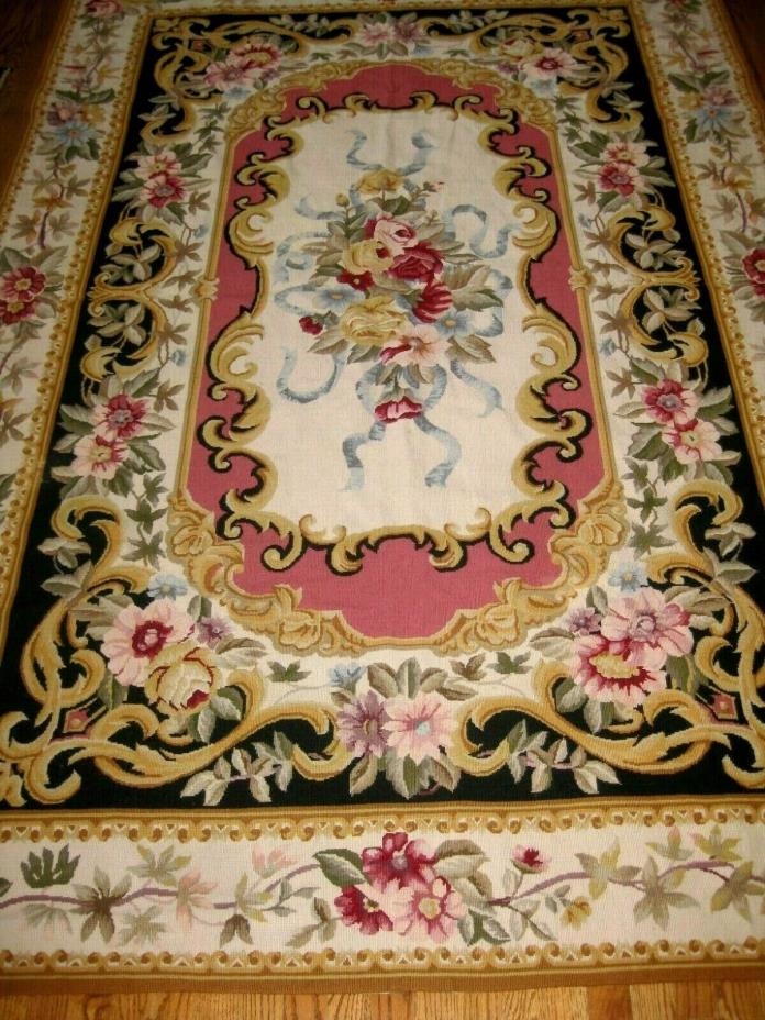 GORGEOUS FRENCH AUBUSSON FLORAL WOOL NEEDLEPOINT RUG 106