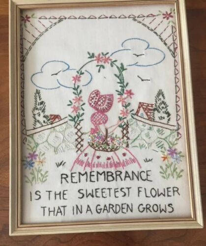 VTG Sampler Embroidery Handwork Motto Muslin Southern Belle Garden 11x14
