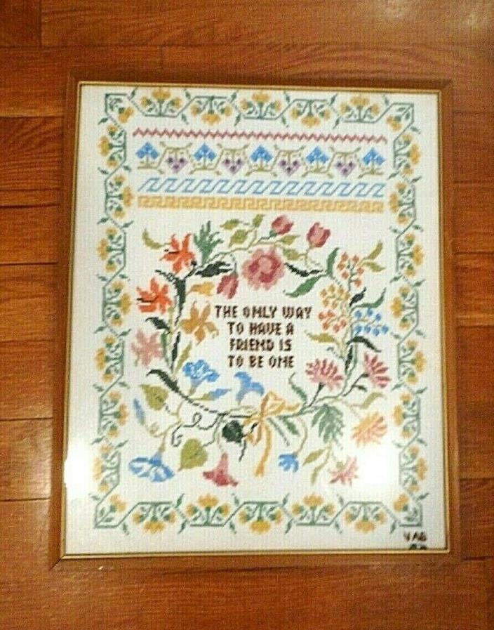 Vintage Embroidery Cross Stitch Framed Sampler FRIENDSHIP quote Signed 1976