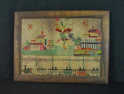 Antique Needlework Sampler (Berlin) Buildings, and a Train! Ca. 19th Century
