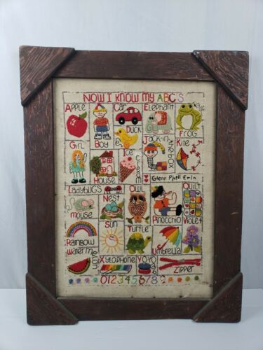 Vintage Child ABC Picture Cross Stitch Sampler Complete Framed Wall Hanging Prop
