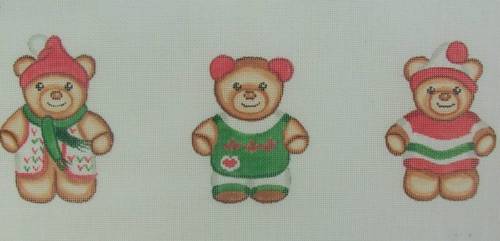 Christmas Teddy Bears Winter Outfits Needlepoint Canvas HP Jinice Red Green 18ct