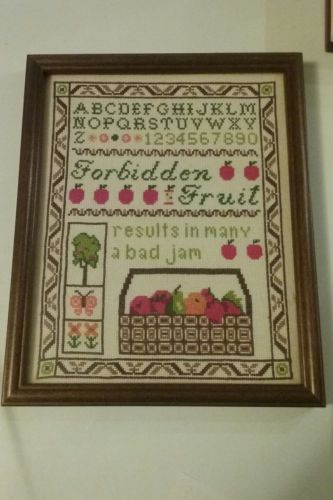 Framed Cross Stitch Sampler Forbidden Fruit 8 x 10