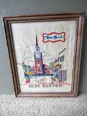 Vintage Sampler OLDE BOSTON Framed Crewel Embroidery 15-3/4