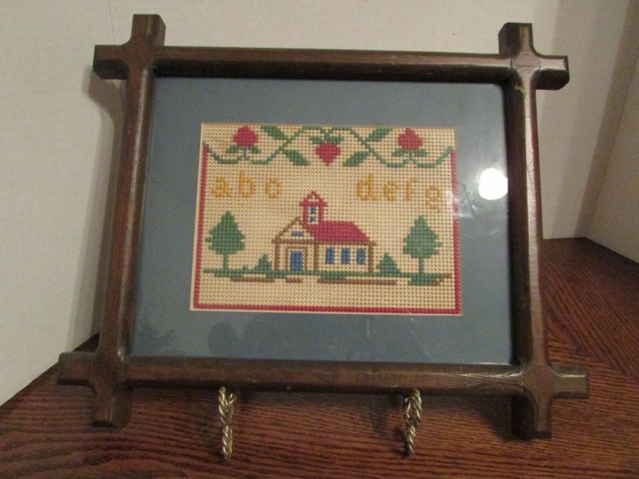 VINTAGE SCHOOL HOUSE MATTED SAMPLER PUNCH PAPER PICTURE IN CROSS FRAME