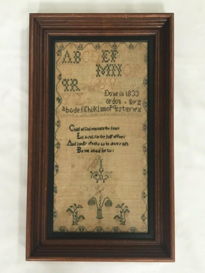 ANTIQUE ALPHABET SAMPLER c.1833 WITH VERSE FRAMED WITH GLASS 21