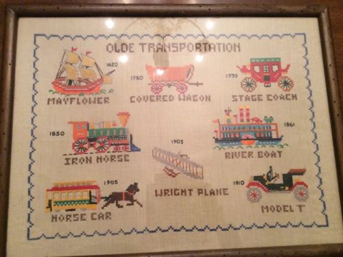 Framed Vintage Cross Stitch Sampler Olde Transportation Mayflower Wagon Railway