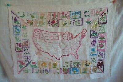 Vintage Cross Stitch Sampler Map of USA With State Flowers as Border Framed