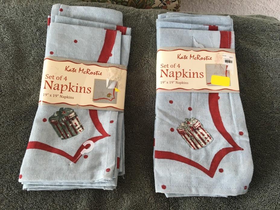 ~8~Kate McRostie 100% Cotton Christmas Napkins New Burgundy Accents/Blue~Lovely