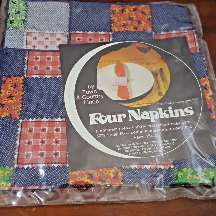 Vintage Cloth Napkins 1970s poly cotton 50 50 patchwork kitsch 4 unused