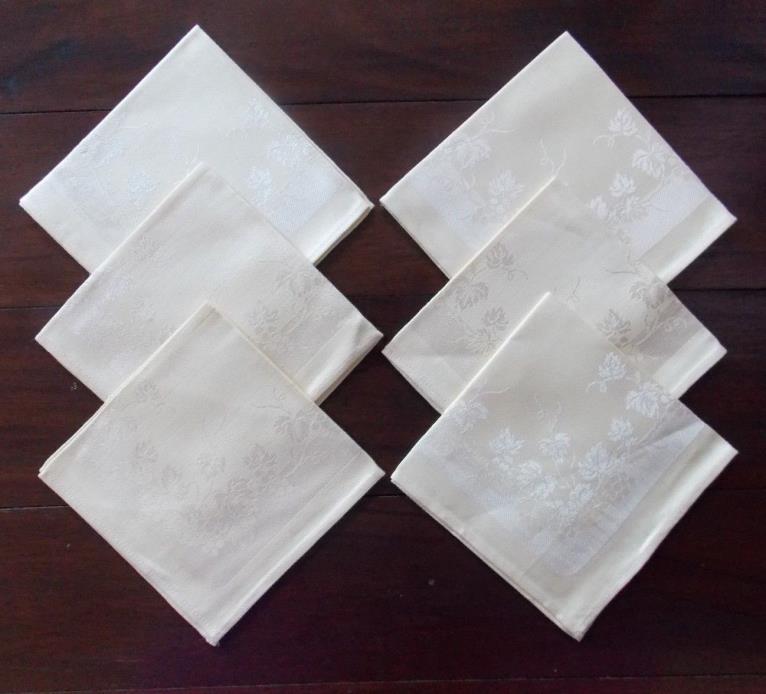 Set Of Six Vintage Cream Crisp Linen Floral Flowers Cloth Napkins 11