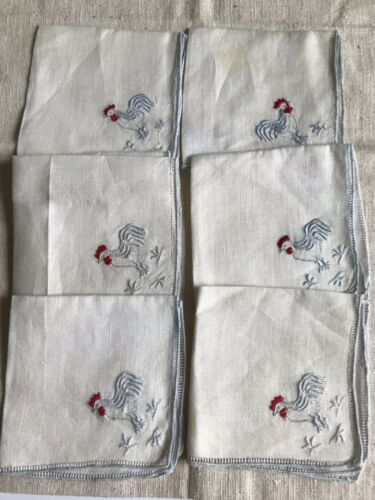 ROOSTERS - 6 - VINTAGE MADEIRA EMBROIDERED LINEN COCKTAIL NAPKINS