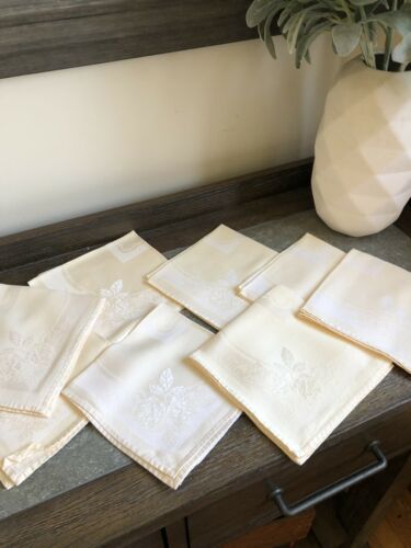 Lot 8 Vintage Damask Cloth Napkin Soft Yellow 14” Square Wedding Dinner Elegant