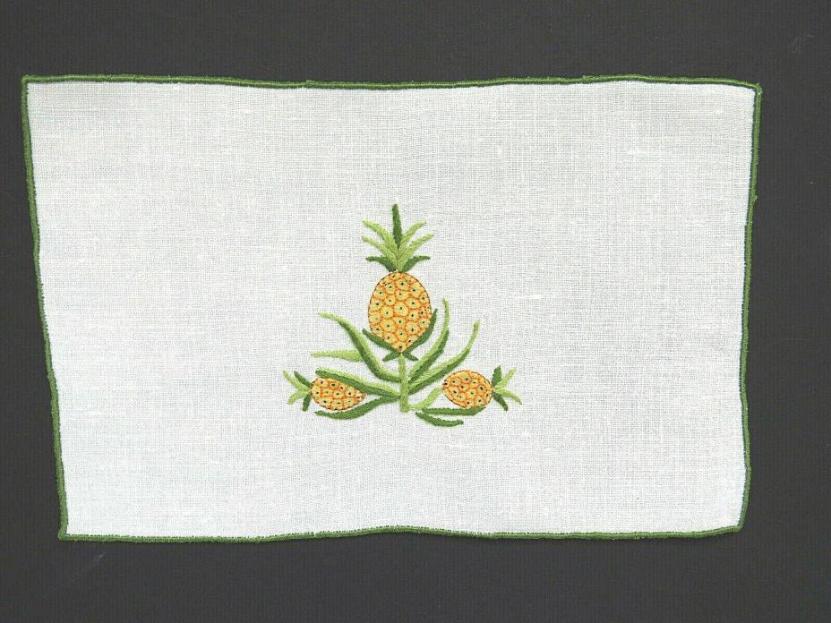 SEVEN Embroidered Pineapples MADEIRA Cocktail Napkins Tropical Linen Coasters