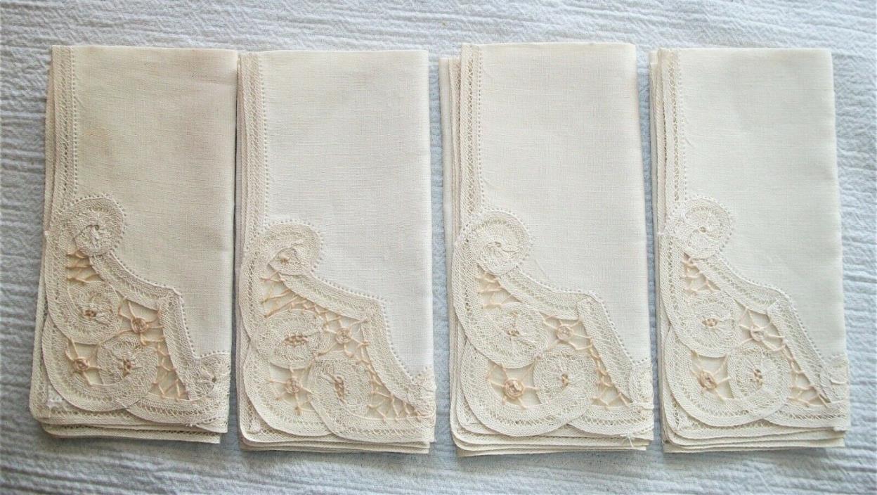 Vintage Set of 4 Linen Luncheon Napkins Ivory Ribbon Lace Corner 11.5” Square