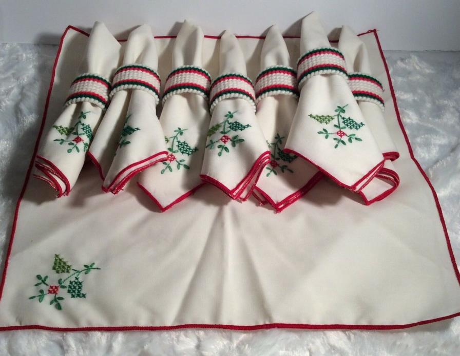 Vintage Linen Embroidered Table Napkins Cream, Red, & Green - 8 Total - Nice!