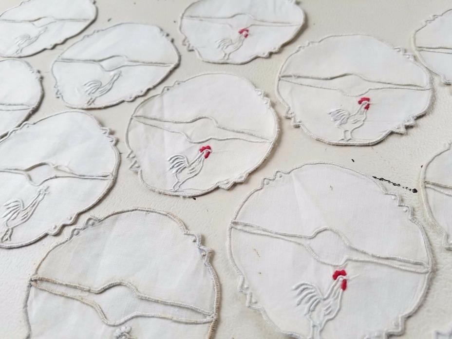 12) Vintage LINEN Embroidered Wine Glass Stem Coasters Cozy's Emroidered Rooster