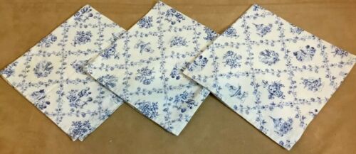 Three Large Dinner Napkins, Blue & Ivory, Flowers, Bird, Leaves, Boy With Plant