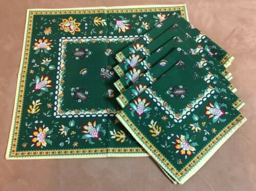 Six Dinner Napkins, Folky Flowers & Leaves, Cotton, Green, Yellow, & Red