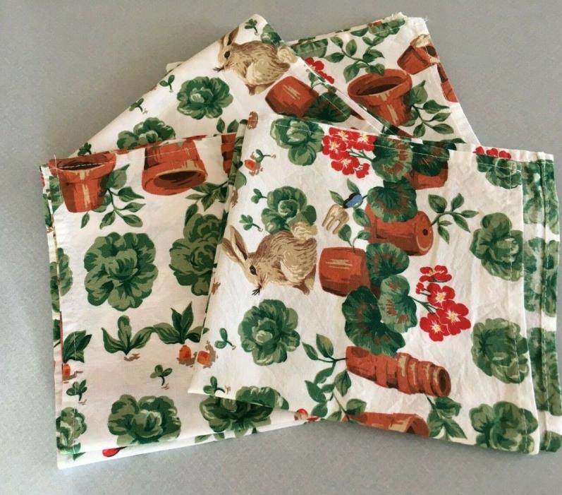 4 Vintage Cloth Easter Bunny Spring Floral Napkins Green White Red Cotton