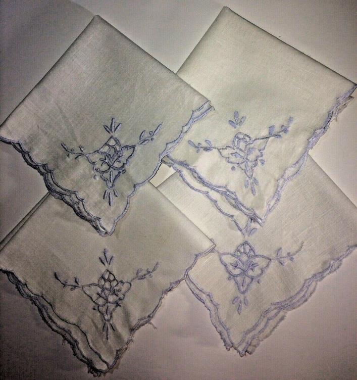 Vintage White Napkins Blue Embroidered Linen Set of 4 10