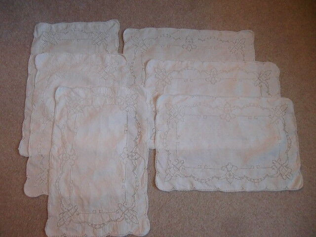 Vtg Antique White Embroidered Placemats Doiles Lot of 6
