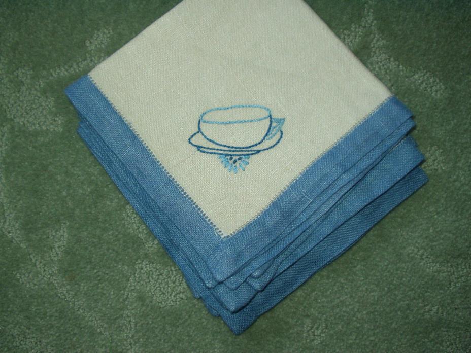 Vintage Hand Embroidered BLUE & WHITE TEACUP Napkins (4)