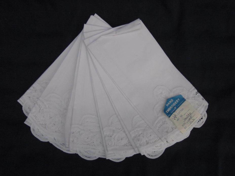 HAND EMBROIDERED WHITE LACE COTTON NAPKINS NEW VINTAGE 12