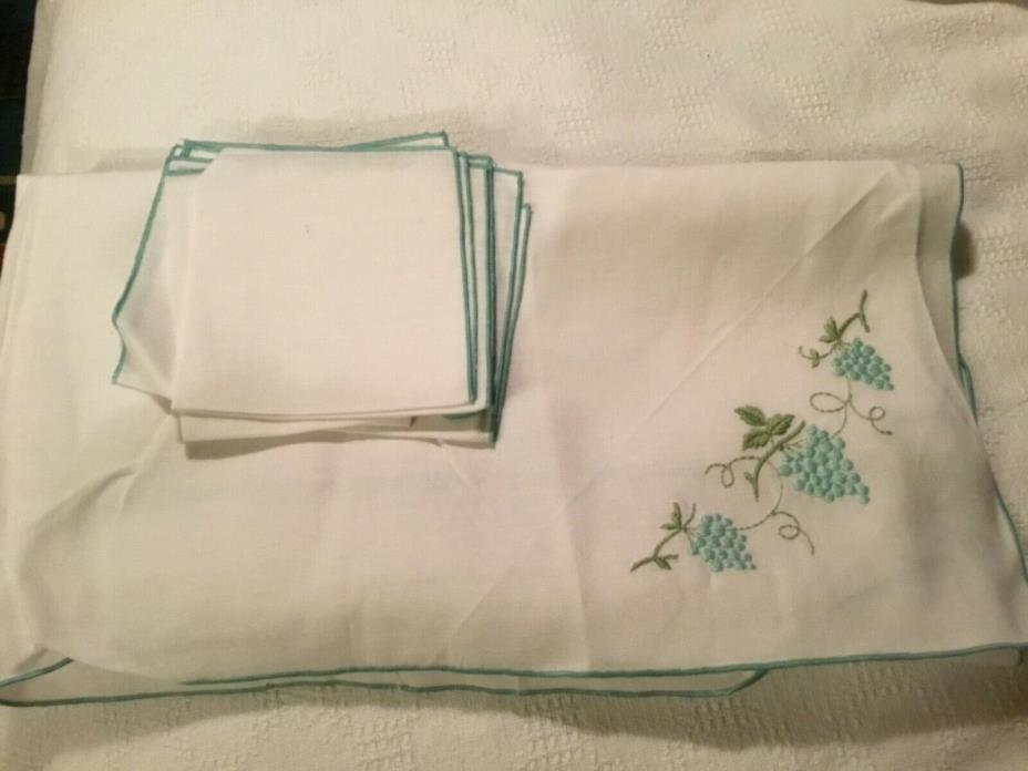 Elegant  Hand Embroidered table cloth & Napkins Linens mint color grape design