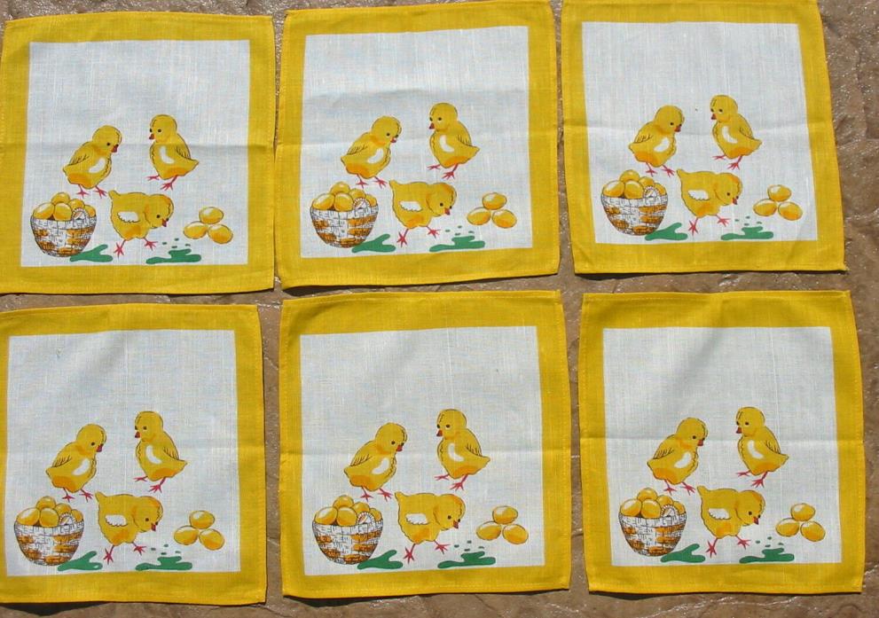 Vtg Cloth Bright Color Easter Egg Yellow Chick Baby Chicken Napkins 6 Set Lot