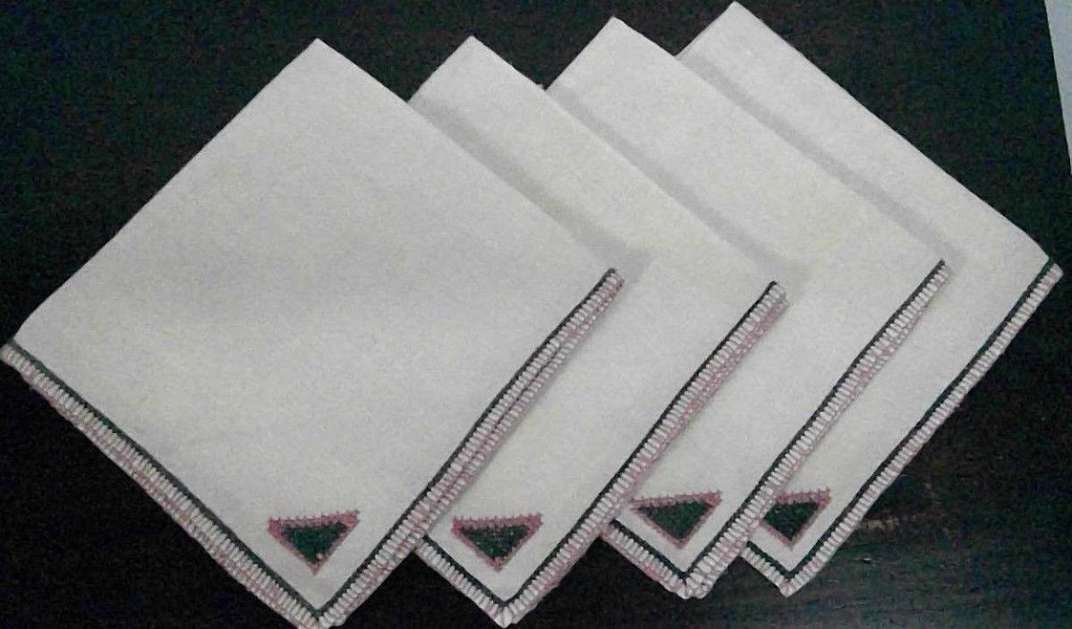 4 vintage cloth napkins beige brown/pink embroidered trim cross-stitch triangle