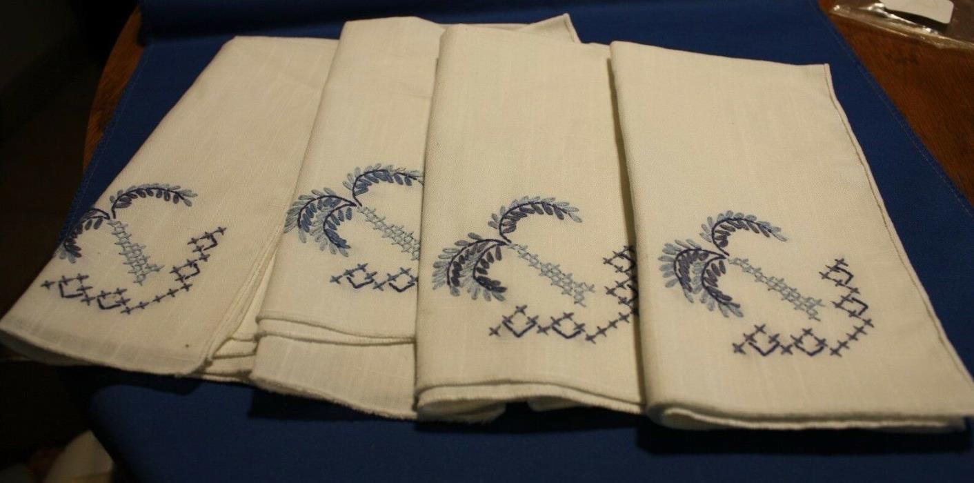 4 Linen Cloth Napkins  with Blue Cross Stitch
