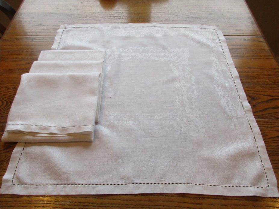 SET OF 4 VINTAGE IVORY LINEN DAMASK NAPKINS w HANDKERCHIEF HEM URN DESIGN