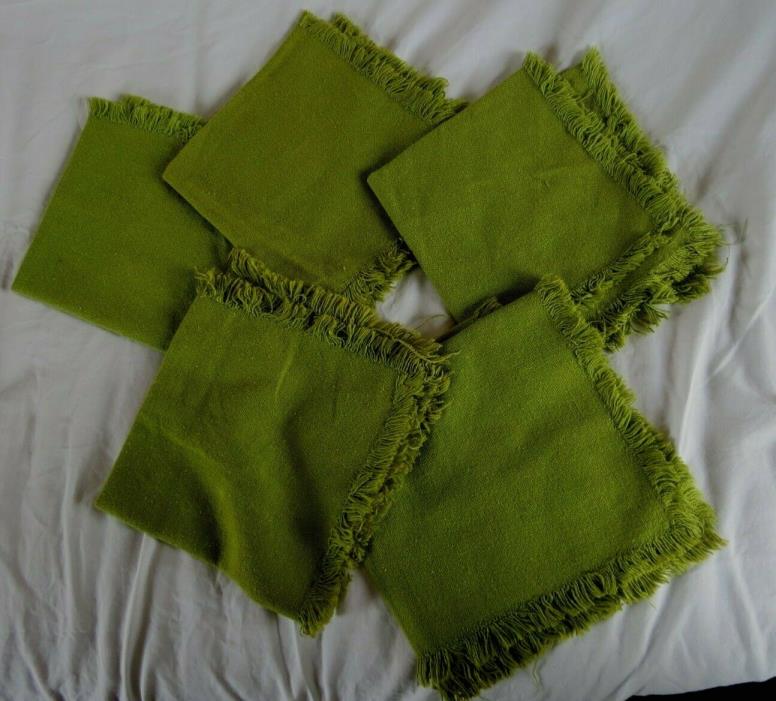 Set 5 Napkins Vintage 1970s Rich Green Weighty soft Woven Cotton Fringed 15